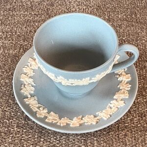 WEDGWOOD Embossed Queen’s Ware Blue Teacup Saucer Set Excellent Condition!